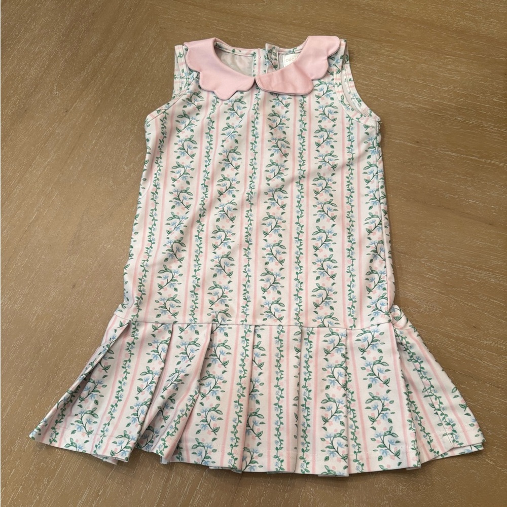 Cecil & Lou Sleeveless Floral Stripe Dress with Pink Scalloped Collar